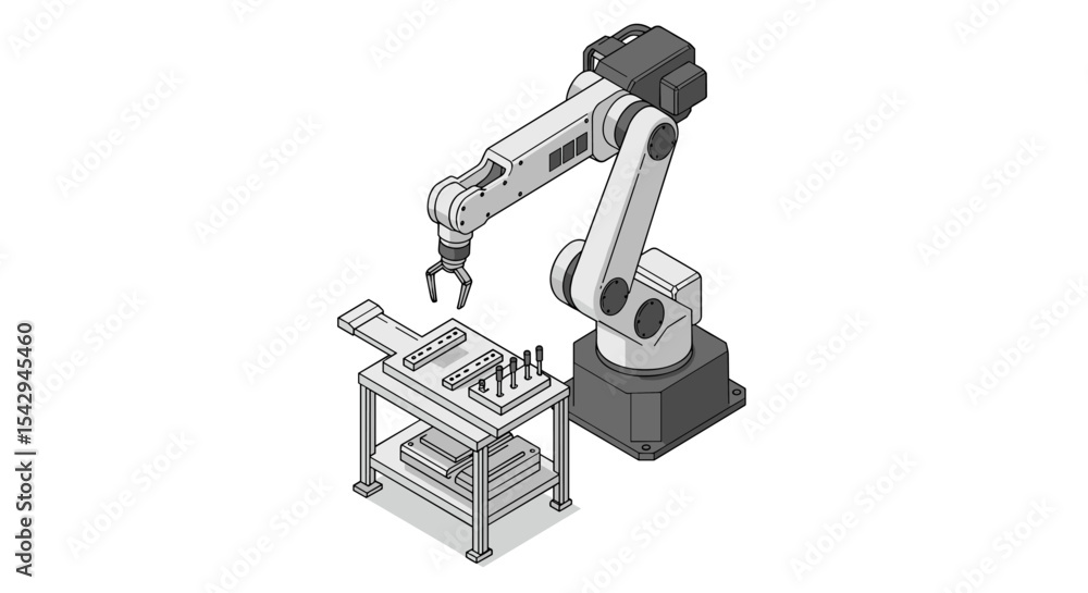 Aufkleber industrial robotic arm on assembly line table for advanced automation design vector illustration