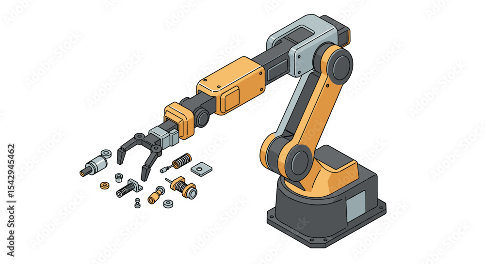 Poster robotic arm with mechanical parts for engineering and automation design vector illustration