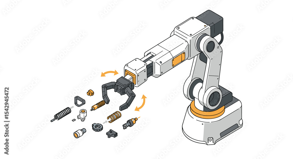 Poster industrial robotics arm with exploded mechanical components for technology concept design vector ill