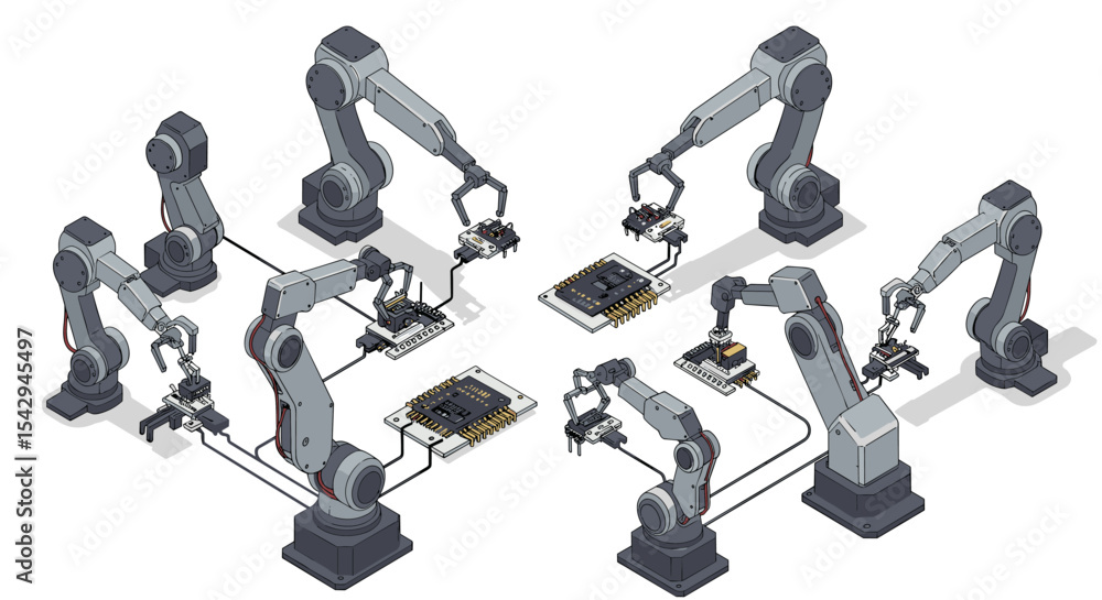 Poster automation in electronics manufacturing with robotic arms and circuit components vector illustration
