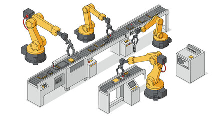 Automated assembly line with robotic arms for efficient manufacturing vector illustration
