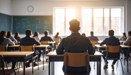 A classroom scene with students seated at desks facing a blackboard, illuminated by sunlight through windows.