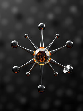 Creative carbon atom visualization displaying various allotropes such graphite and diamond with atomic structure and covalent bonds highlighted to depict molecular orbitals