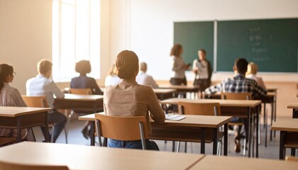 Students attentively listen to a lecture in a bright classroom setting, learning.