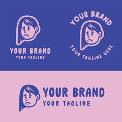 Cute retro cartoon girl logo in pink and blue. Perfect for kid-friendly branding, girly products, or playful merchandise. Provided in editable EPS vector format for versatile design use