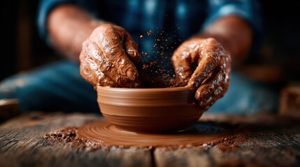 A potter skillfully molds clay into a beautiful bowl, showcasing the art and intricacies involved in traditional pottery making with a focus on texture and skill.
