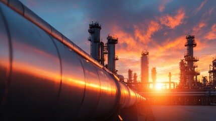 A dramatic sunset illuminates an industrial landscape featuring pipelines and towers, embodying the fusion of nature and human progress in energy production and industry.