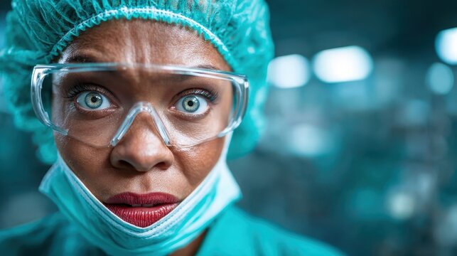 An anxious female healthcare worker in scrubs, wearing safety glasses and a mask, her expression reflecting the challenges faced in healthcare environments during critical times.