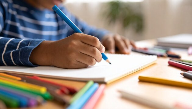 Close-up of a child's hands drawing with a blue pencil on a notebook, surrounded by colorful crayons.