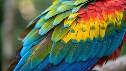 Close-Up of Vibrant Rainbow Parrot Feathers &ndash; Exotic Colorful Bird Texture Background