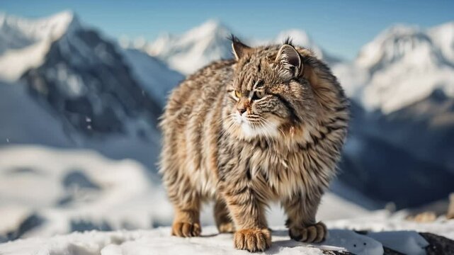 Close-up of a rare Pallas's cat, with its distinctive flat face and thick fur, surveying its cold, mountainous surroundings. 