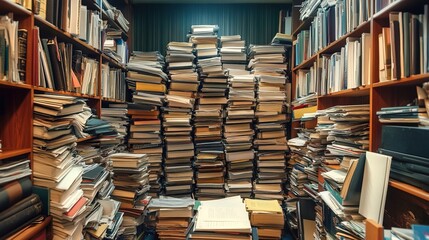 Fototapeta premium A room overflowing with stacks of paperwork, no space to move 