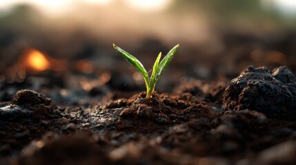 A delicate green sprout emerges from dark, rich soil, capturing the essence of growth and renewal in nature, symbolizing hope and the start of a new beginning.