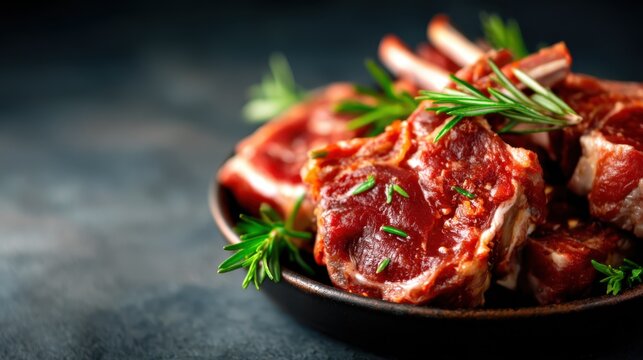 Aromatic raw meat cuts beautifully arranged with fresh herbs, perfect for showcasing culinary art, emphasizing freshness and quality in home cooking or gourmet dishes.