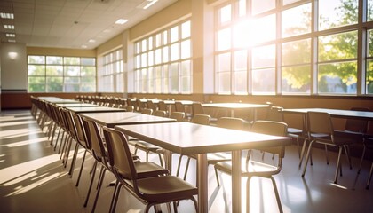Fototapeta premium Empty school cafeteria with sunlight streaming through large windows.