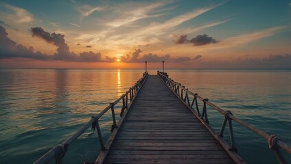 Obraz premium Sunset Serenity: A Wooden Boardwalk Leading to the Horizon