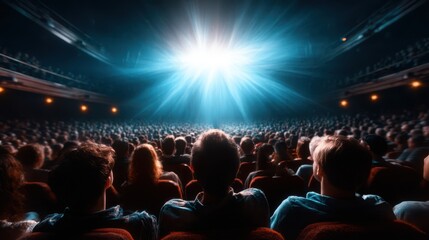A captivating view of an audience watching a live performance, illuminated by a bright spotlight, evoking feelings of excitement and community engagement in the arts.
