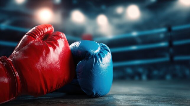 This image features a pair of boxing gloves, one red and one blue, placed on the floor, symbolizing competition, strength, and the spirit of martial arts within the boxing world.