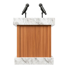 Isolated Wood Podium with Marble Base and Microphones on Transparent Background