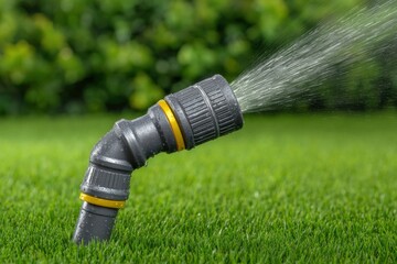 A gray and yellow garden hose sprays water in a green lawn with a blurred green background