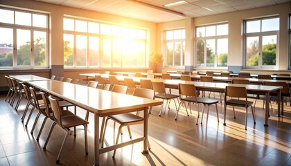 Fototapeta premium Empty classroom bathed in sunlight, with rows of desks and chairs, ready for students.