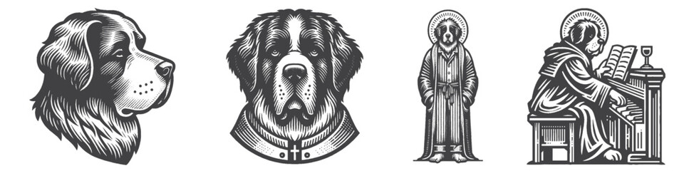 Vintage Hand-Drawn Saint Bernard Dog Playing Piano Collection Illustration, Musical Pet Engraved Style Vector for T-Shirts and Performer Themes Design