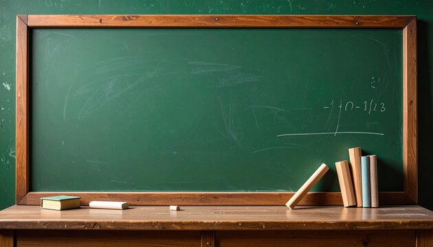 A green chalkboard with a wooden frame sits above a desk with books, chalk, and an eraser.