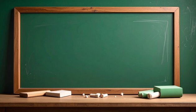 Empty green chalkboard with wooden frame and chalk on a wooden table.