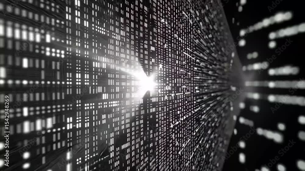 Poster Dynamic closeup of digital binary code illuminated in a dark environment with pan camera movement, Digital binary code Pan camera movement close up shot Seamless 3D render