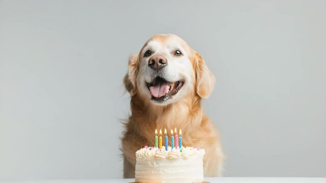International dog day. A happy golden retriever sits behind a birthday cake with lit candles, celebrating in front of a plain background.