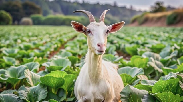 Close-up shot of a domestic goat in an agricultural setting, surrounded by rows of leafy green crops. 