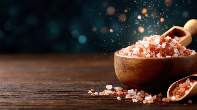 A beautiful still-life image featuring pink Himalayan salt spilling from wooden scoops into a bowl, exuding a sense of purity and natural health for culinary enthusiasts.