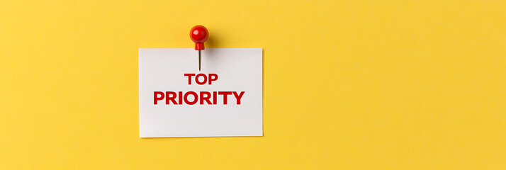 Note with text "Top Priority" pinned to a yellow background. Visual representation of importance and focus on crucial tasks. Time management. Urgency.