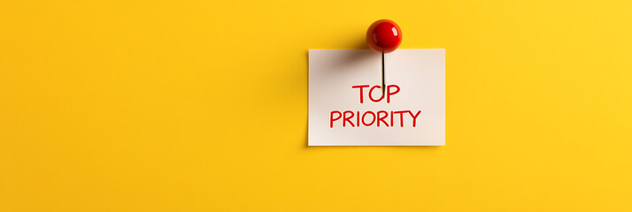 High-priority note with red text attached to a yellow wall with a red pushpin, highlighting tasks or items of utmost importance and urgency.