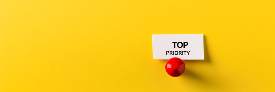 Top priority reminder on vibrant yellow background with a push pin, symbolizing important tasks and urgent decisions.