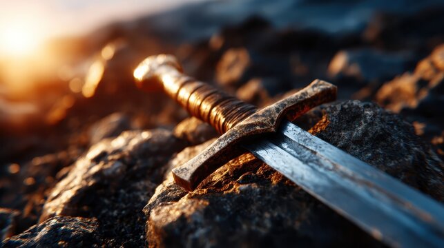 This close-up image features a weathered sword lying on textured rocks, evoking a sense of history, adventure, and the timeless tales of battles and legendary heroes.