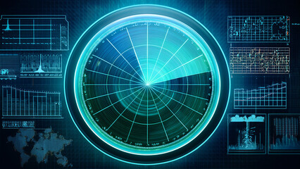 Digital radar screen with data visualization elements
