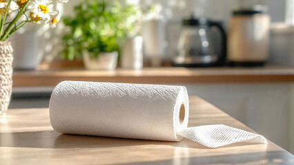 Fototapeta premium Roll of molded pulp paper towels on a kitchen countertop with warm lighting and a cozy atmosphere, Molded Pulp and Recycled Paper Usage, Packaging detail for paper brands, sustainable product imagery