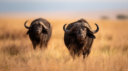 Two majestic buffalo stroll through a golden grassland under a vast sky, showcasing the beauty of wildlife in their natural habitat and evoking a sense of freedom.