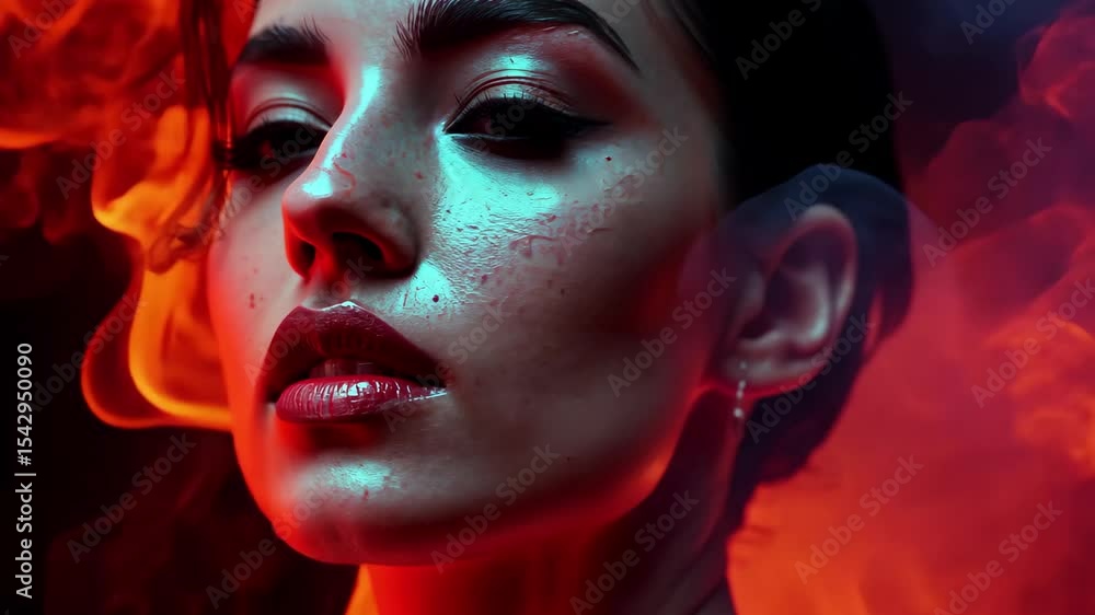 Poster flames dance around a serene face, creating a mesmerizing and intense visual experience, red and ora