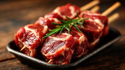 An appetizing arrangement of raw meat skewers garnished with fresh rosemary, showcasing the vibrant texture and color of fresh ingredients, ideal for culinary enthusiasts.