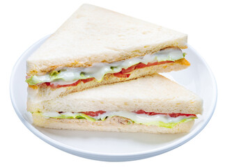 Sandwich with fresh vegetables and creamy salad dressing on a white plate on white background PNG file.