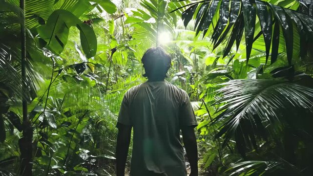 Scared man navigating dense jungle alone during a rainy day, Scared man walking through jungle by himself steadicam shot