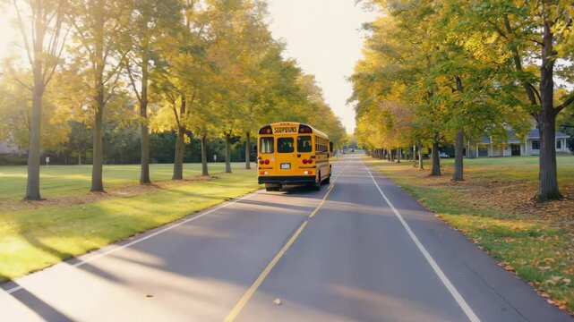 Yellow school bus riding on road at morning