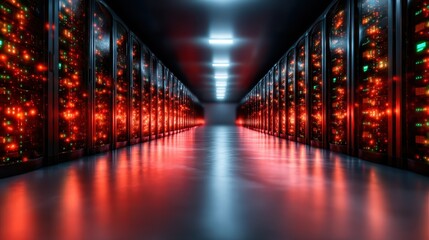 An impressive view of a futuristic server room filled with glowing servers, showcasing the cutting-edge technology and advancement in modern information management systems.