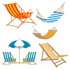 Beach Set of sun loungers and hammocks.