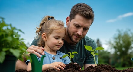 Father Helping Blonde Daughter Plant Seedling in Garden Soil. Green T-Shirt, Light Blue Overalls, Gardening Gloves, Clear Sky. Spring Gardening Education Concept
