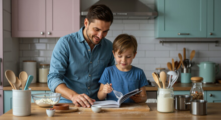 Father teaching son reading cookbook in modern kitchen. Blue denim shirt, striped apron, wooden spoons, glass jars. Family cooking education bonding concept