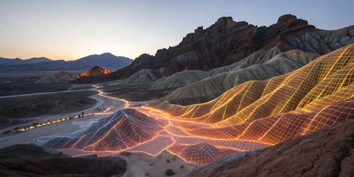 Desert landscape illuminated with futuristic grid overlay at dusk