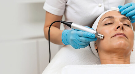 Naklejka premium Cosmetologist performing facial treatment with ultrasonic device, blue gloves, white headband. Professional skincare procedure, anti-aging therapy. Medical spa concept